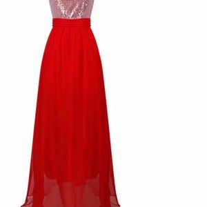 RED SEQUIN MESH DRESS TEA BTOZE SLEEVELESS FLOOR LENTH SILM SEXY ADULT WOOMAN